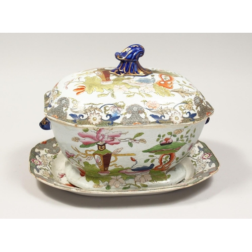 1182 - A MASONS IRONSTONE GREYISH JAPAN PATTERN TUREEN, COVER AND STAND. 12ins high.