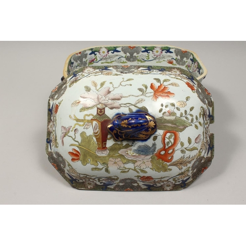 1182 - A MASONS IRONSTONE GREYISH JAPAN PATTERN TUREEN, COVER AND STAND. 12ins high.