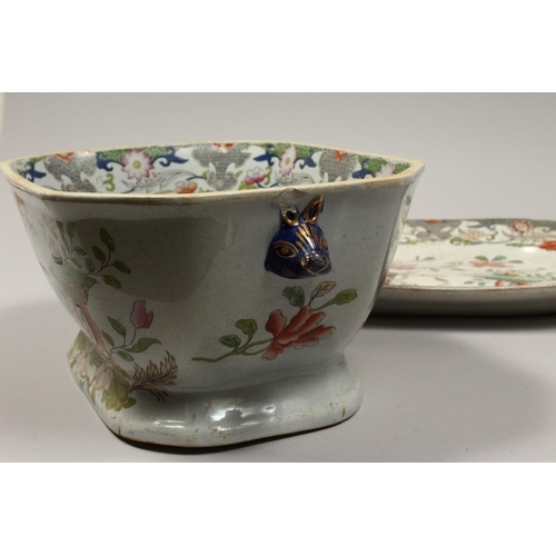 1182 - A MASONS IRONSTONE GREYISH JAPAN PATTERN TUREEN, COVER AND STAND. 12ins high.