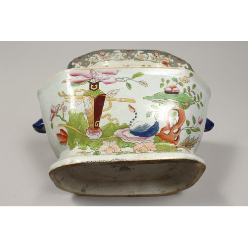 1182 - A MASONS IRONSTONE GREYISH JAPAN PATTERN TUREEN, COVER AND STAND. 12ins high.
