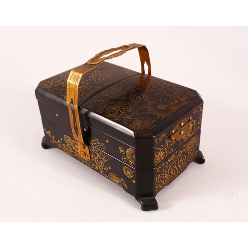 A JAPANESE LACQUER SEWING BOX, with a metal handle and