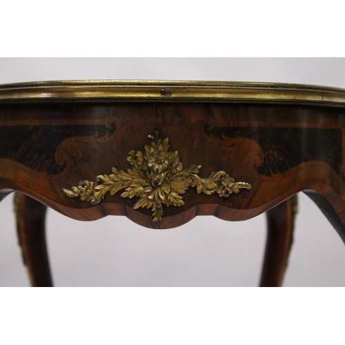 1054 - A 19TH CENTURY WALNUT, KINGWOOD AND ORMOLU MOUNTED CENTRE TABLE, with a quarter veneered and inlaid ... 