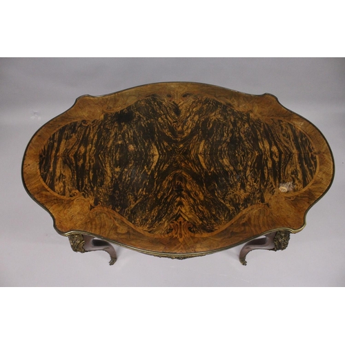1054 - A 19TH CENTURY WALNUT, KINGWOOD AND ORMOLU MOUNTED CENTRE TABLE, with a quarter veneered and inlaid ... 