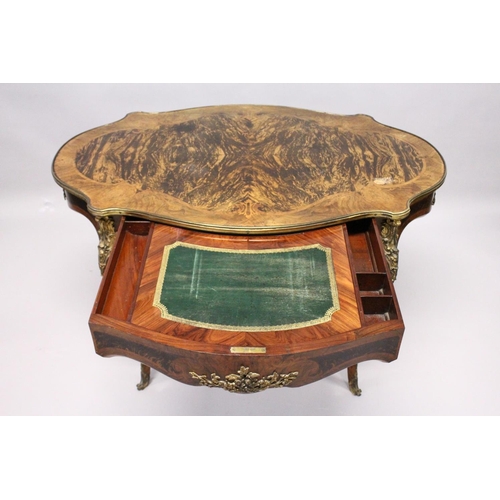 1054 - A 19TH CENTURY WALNUT, KINGWOOD AND ORMOLU MOUNTED CENTRE TABLE, with a quarter veneered and inlaid ... 