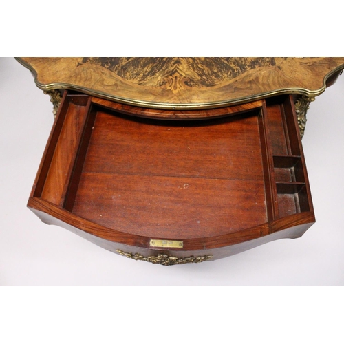 1054 - A 19TH CENTURY WALNUT, KINGWOOD AND ORMOLU MOUNTED CENTRE TABLE, with a quarter veneered and inlaid ... 