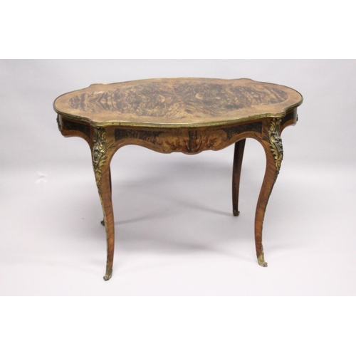 1054 - A 19TH CENTURY WALNUT, KINGWOOD AND ORMOLU MOUNTED CENTRE TABLE, with a quarter veneered and inlaid ... 