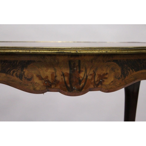 1054 - A 19TH CENTURY WALNUT, KINGWOOD AND ORMOLU MOUNTED CENTRE TABLE, with a quarter veneered and inlaid ... 