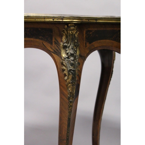 1054 - A 19TH CENTURY WALNUT, KINGWOOD AND ORMOLU MOUNTED CENTRE TABLE, with a quarter veneered and inlaid ... 