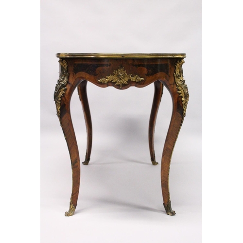 1054 - A 19TH CENTURY WALNUT, KINGWOOD AND ORMOLU MOUNTED CENTRE TABLE, with a quarter veneered and inlaid ... 