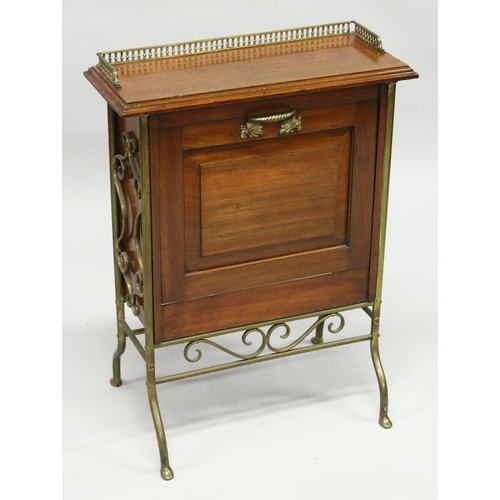 14 - AN EDWARDIAN MAHOGANY RECTANGULAR MAGAZINE RACK with brass gallery, fold down front with three secti... 