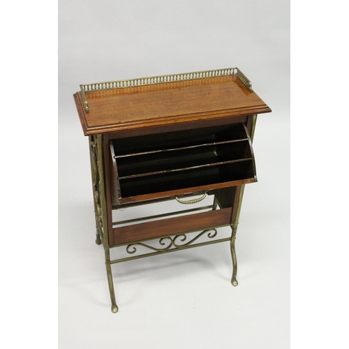 14 - AN EDWARDIAN MAHOGANY RECTANGULAR MAGAZINE RACK with brass gallery, fold down front with three secti... 