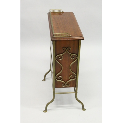 14 - AN EDWARDIAN MAHOGANY RECTANGULAR MAGAZINE RACK with brass gallery, fold down front with three secti... 