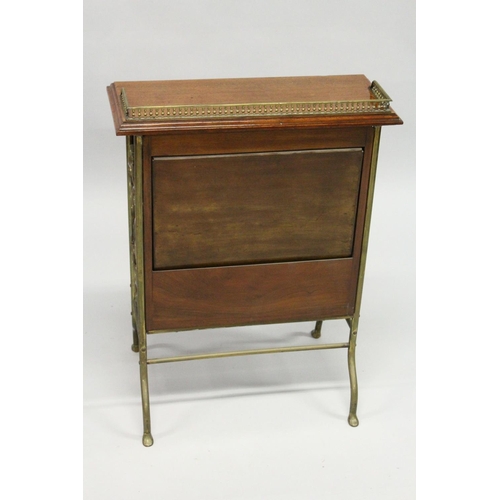 14 - AN EDWARDIAN MAHOGANY RECTANGULAR MAGAZINE RACK with brass gallery, fold down front with three secti... 