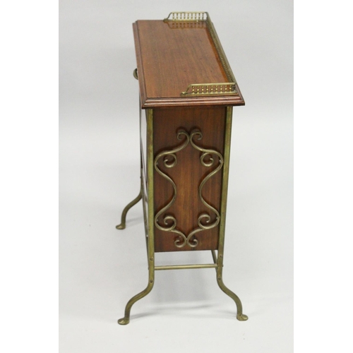 14 - AN EDWARDIAN MAHOGANY RECTANGULAR MAGAZINE RACK with brass gallery, fold down front with three secti... 