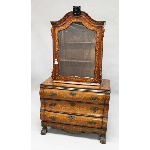 1013 - AN 18TH CENTURY DUTCH WALNUT AND MARQUETRY CABINET ON CHEST with a shaped cornice above a single gla... 