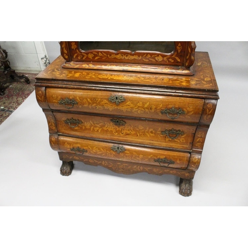 1013 - AN 18TH CENTURY DUTCH WALNUT AND MARQUETRY CABINET ON CHEST with a shaped cornice above a single gla... 