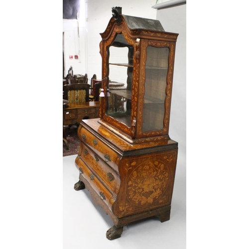 1013 - AN 18TH CENTURY DUTCH WALNUT AND MARQUETRY CABINET ON CHEST with a shaped cornice above a single gla... 