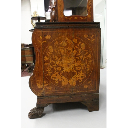 1013 - AN 18TH CENTURY DUTCH WALNUT AND MARQUETRY CABINET ON CHEST with a shaped cornice above a single gla... 