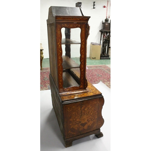 1013 - AN 18TH CENTURY DUTCH WALNUT AND MARQUETRY CABINET ON CHEST with a shaped cornice above a single gla... 