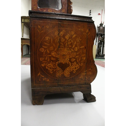 1013 - AN 18TH CENTURY DUTCH WALNUT AND MARQUETRY CABINET ON CHEST with a shaped cornice above a single gla... 