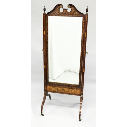 1015 - A GOOD EDWARDIAN MAHOGANY AND INLAID CHEVAL MIRROR, the mirror with broken arch pediment, rectangula... 