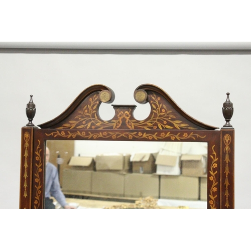 1015 - A GOOD EDWARDIAN MAHOGANY AND INLAID CHEVAL MIRROR, the mirror with broken arch pediment, rectangula... 