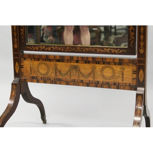 1015 - A GOOD EDWARDIAN MAHOGANY AND INLAID CHEVAL MIRROR, the mirror with broken arch pediment, rectangula... 