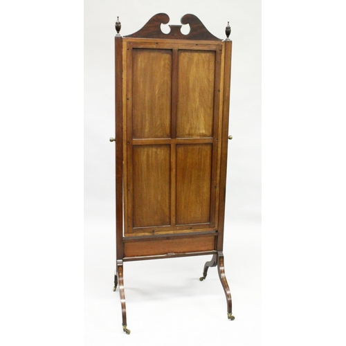 1015 - A GOOD EDWARDIAN MAHOGANY AND INLAID CHEVAL MIRROR, the mirror with broken arch pediment, rectangula... 