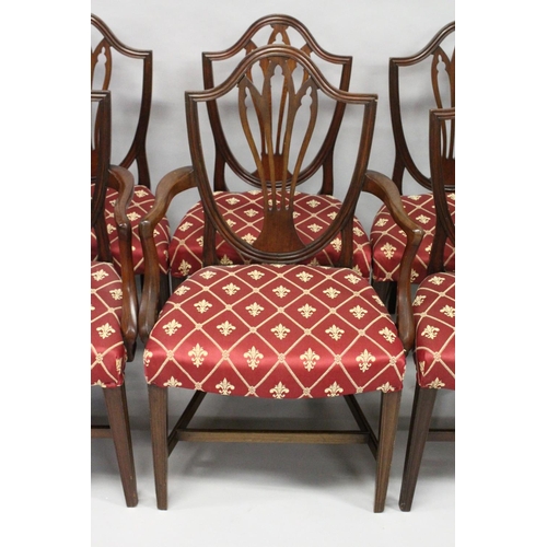 1016 - A SET OF EIGHT GEORGE III MAHOGANY DINING CHAIRS, two with arms, all with shield shaped backs, pierc... 