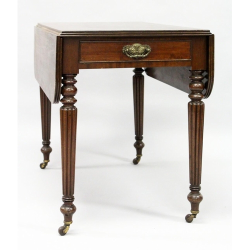 1017 - AN EARLY 19TH CENTURY MAHOGANY PEMBROKE TABLE, with a drawer to one end, on reeded, tapering legs wi... 