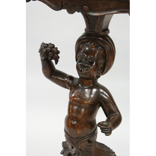 1022 - AN 18TH / 19TH CENTURY ITALIAN CARVED WALNUT BLACKAMOOR TORCHERE  of typical form, with a shaped top... 