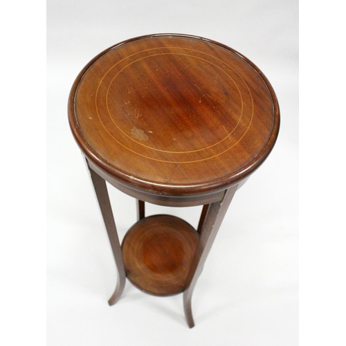 1023 - AN EDWARDIAN INLAID MAHOGANY TWO TIER CIRCULAR JARDINIERE STAND. 1ft 1ins diameter x 3ft 2ins high.... 