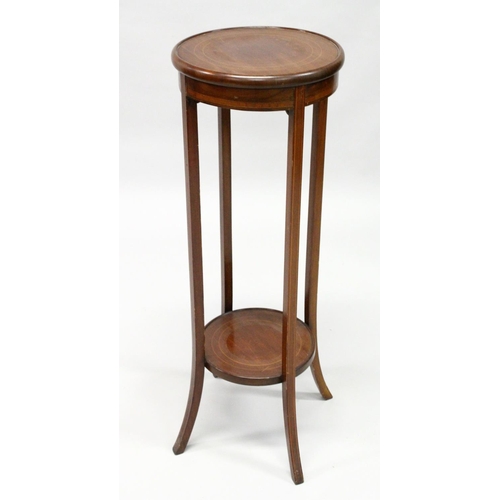 1023 - AN EDWARDIAN INLAID MAHOGANY TWO TIER CIRCULAR JARDINIERE STAND. 1ft 1ins diameter x 3ft 2ins high.... 