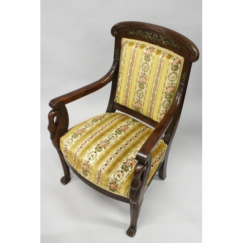 1030 - A GOOD PAIR OF FRENCH EMPIRE MAHOGANY OPEN ARMCHAIRS with reeded curving and cresting rails, upholst... 