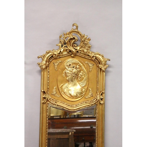 1031 - A LONG PAIR OF UPRIGHT GILT MIRRORS 5ft 9ins long x 1ft 8ins wide.