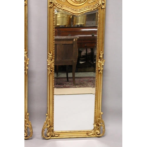 1031 - A LONG PAIR OF UPRIGHT GILT MIRRORS 5ft 9ins long x 1ft 8ins wide.