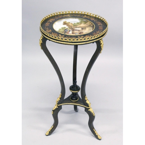 1032 - A FRENCH STYLE CIRCULAR MARQUETRY AND ORMOLU GEURIDON, inset with a porcelain bowl, painted with a r... 