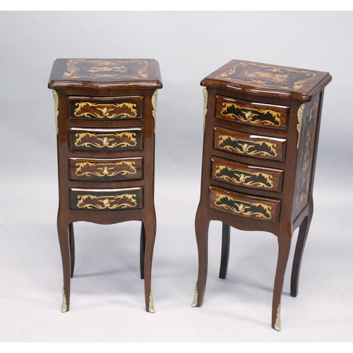 1033 - A PAIR OF FRENCH STYLE MARQUETRY INLAID FOUR DRAWER BEDSIDE CHESTS ON CURVING LEGS. 2ft 7ins high x ... 