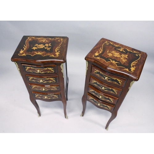 1033 - A PAIR OF FRENCH STYLE MARQUETRY INLAID FOUR DRAWER BEDSIDE CHESTS ON CURVING LEGS. 2ft 7ins high x ... 