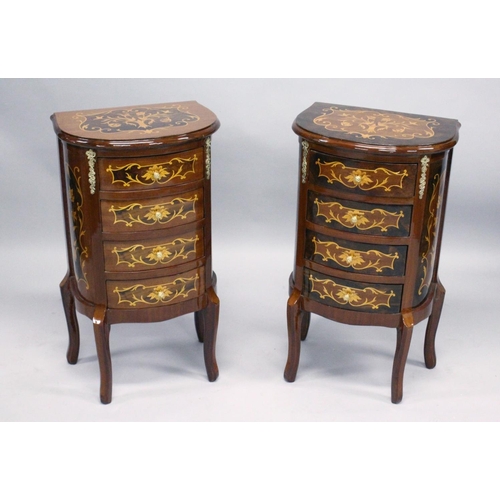 1034 - A PAIR OF FRENCH STYLE MARQUETRY INLAID DEMI-LUNE FOUR DRAWER BEDSIDE CHESTS  on curving legs. 2ft 7... 