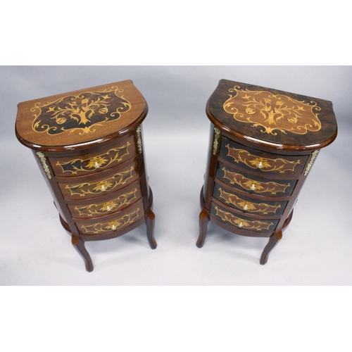 1034 - A PAIR OF FRENCH STYLE MARQUETRY INLAID DEMI-LUNE FOUR DRAWER BEDSIDE CHESTS  on curving legs. 2ft 7... 