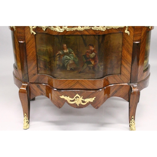 1036 - A 19TH CENTURY FRENCH ROSEWOOD AND ORMOLU MOUNTED VITRINE with a shaped single three quarter glazed ... 