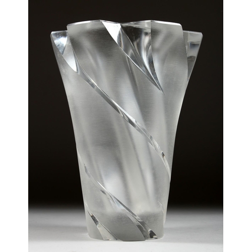 1053 - A VERY HEAVY LALIQUE FROSTED TAPERING HEXAGONAL SHAPED VASE. Etched Lalique, France.  10ins high.... 