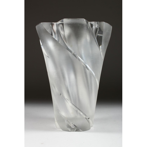 1053 - A VERY HEAVY LALIQUE FROSTED TAPERING HEXAGONAL SHAPED VASE. Etched Lalique, France.  10ins high.... 