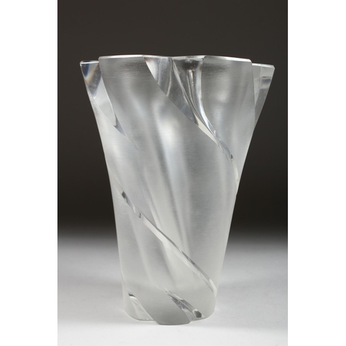 1053 - A VERY HEAVY LALIQUE FROSTED TAPERING HEXAGONAL SHAPED VASE. Etched Lalique, France.  10ins high.... 