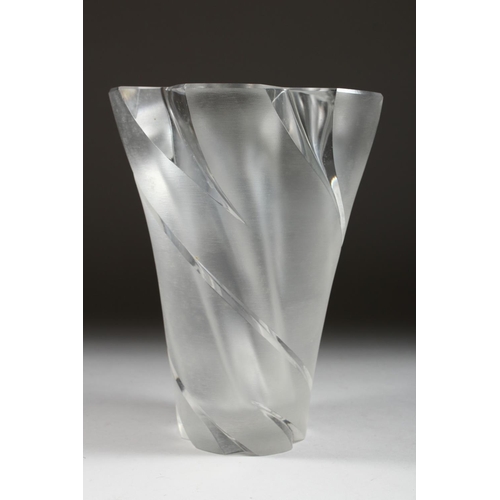 1053 - A VERY HEAVY LALIQUE FROSTED TAPERING HEXAGONAL SHAPED VASE. Etched Lalique, France.  10ins high.... 