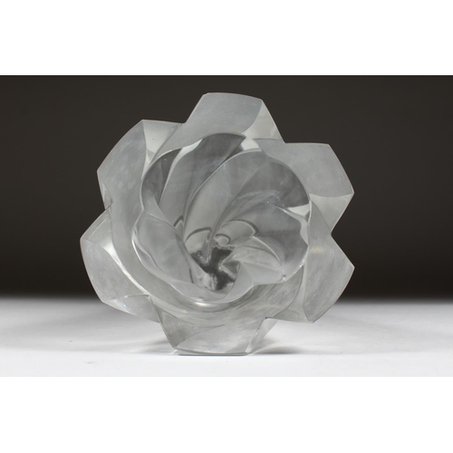 1053 - A VERY HEAVY LALIQUE FROSTED TAPERING HEXAGONAL SHAPED VASE. Etched Lalique, France.  10ins high.... 