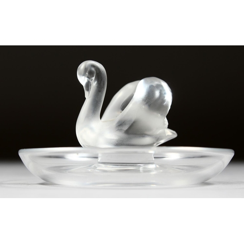 1058 - A LALIQUE SWAN ASHTRAY, 3.5ins diameter.