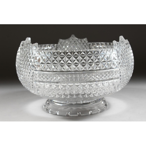 1061 - A VERY GOOD CUT GLASS SHIELD SHAPED CIRCULAR BOWL with star cut base. 9ins diameter.