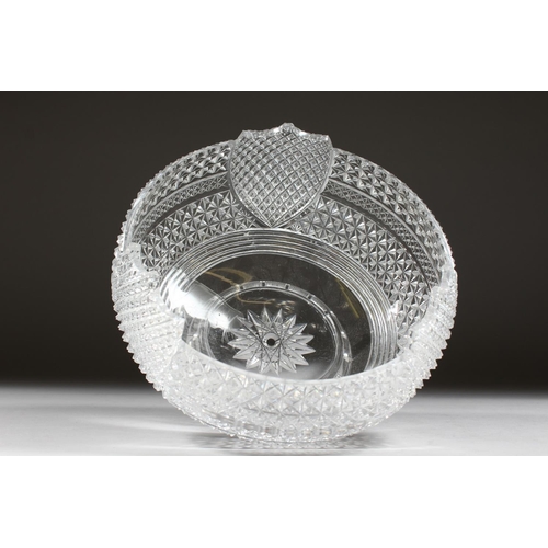 1061 - A VERY GOOD CUT GLASS SHIELD SHAPED CIRCULAR BOWL with star cut base. 9ins diameter.